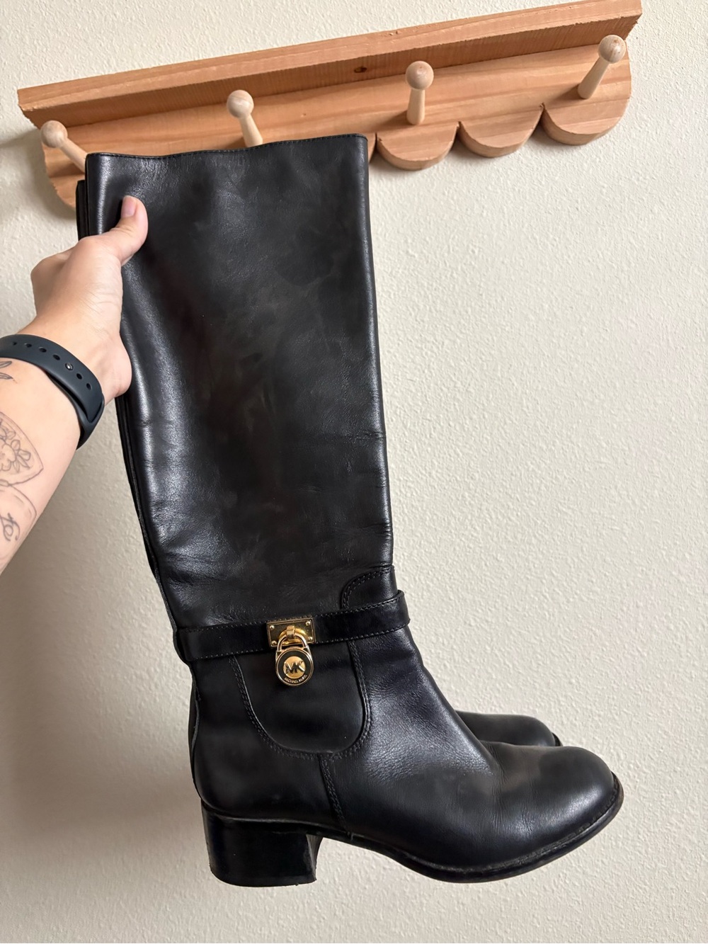 Michael Kors Black Leather Tall Boots with Gold MK Lock